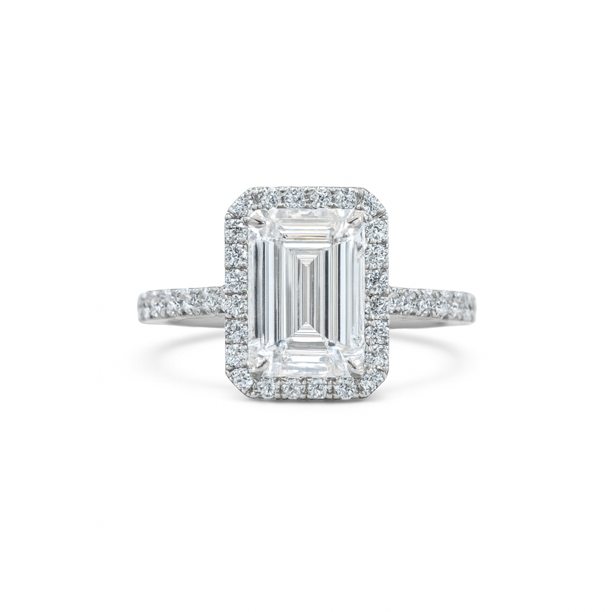 HALO EMERALD ENGAGEMENT RING