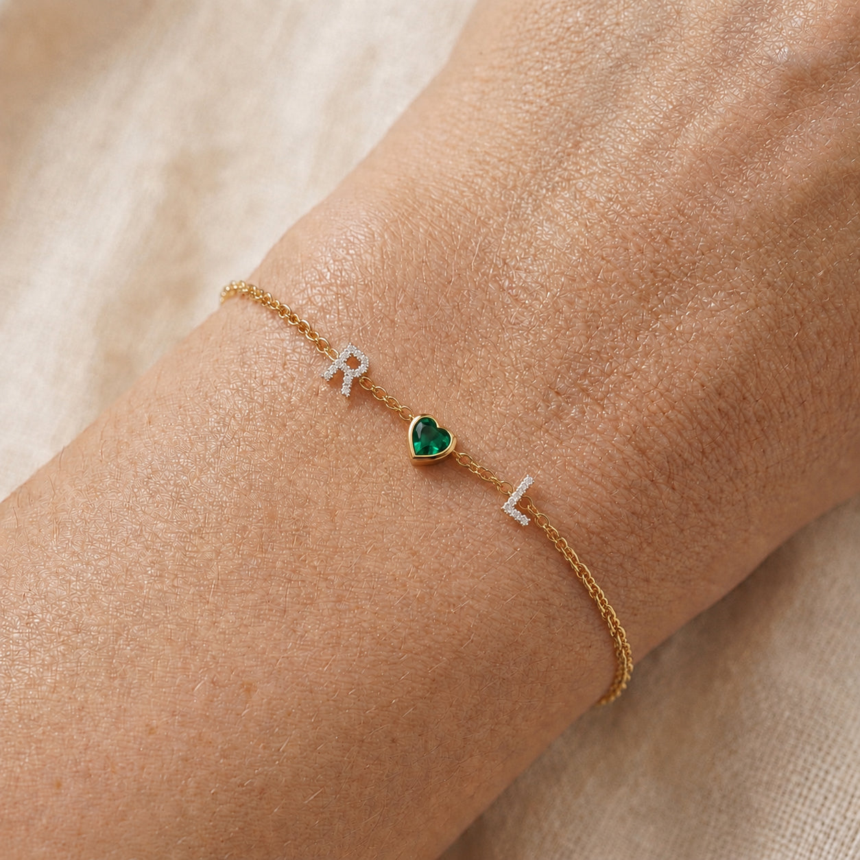 GREEN HEART INITIAL BRACELET